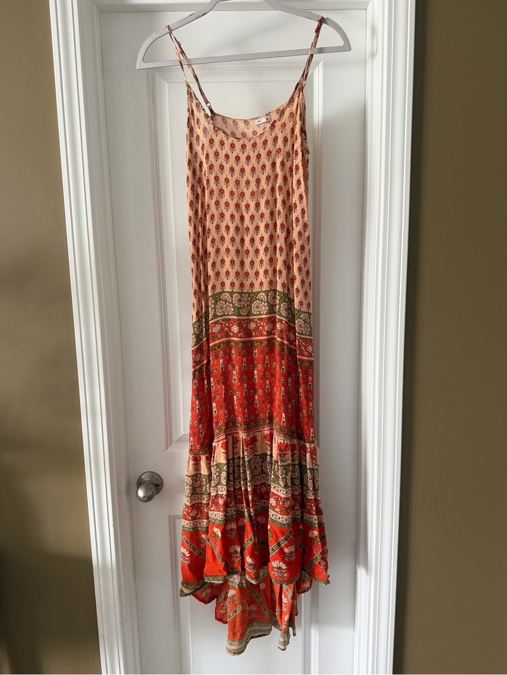 En Crème Floral Boho Maxi Dress Flowy Ruffle Hem Women’s Sz S Orange Green
